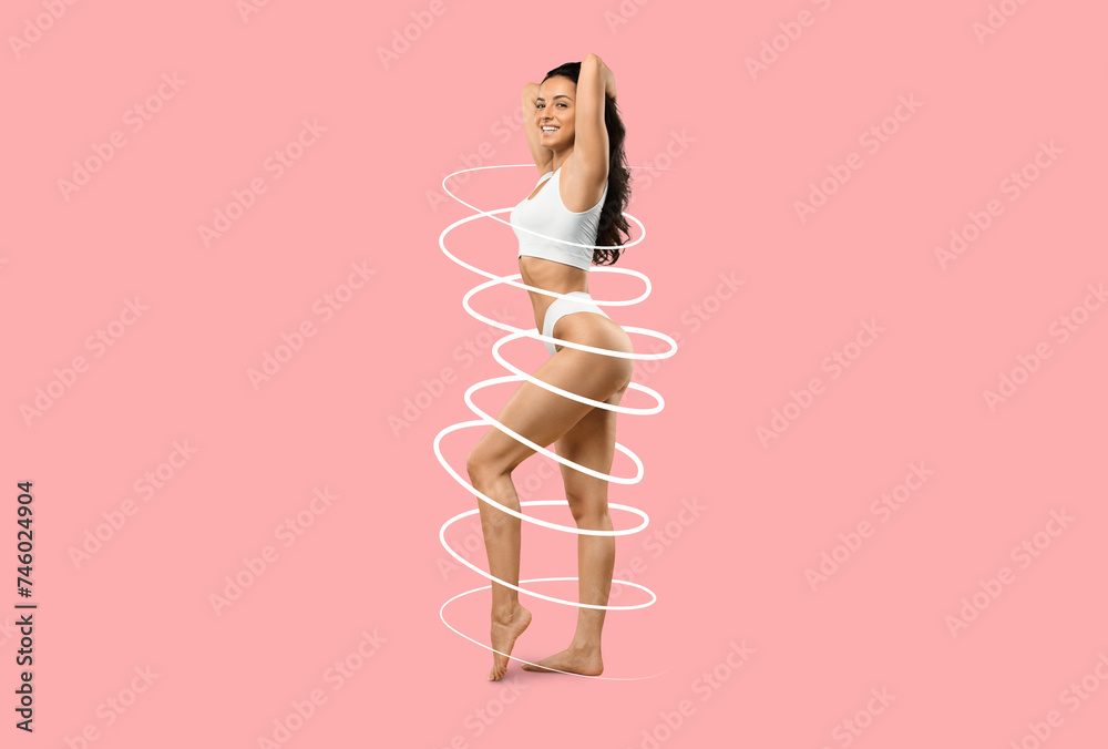 Fitness and Body Positivity Concept. Slim young woman in underwear - obrazy, fototapety, plakaty 