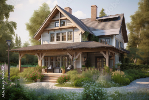Private wooden house with porch. Traditional cottage architecture.