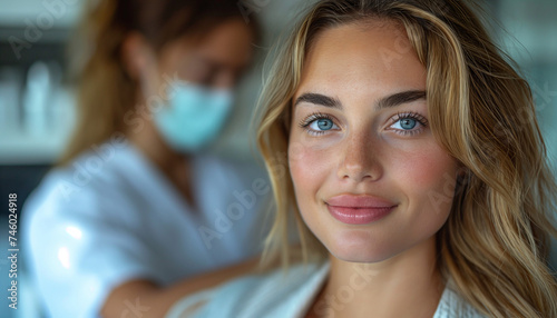 Young beautiful woman undergoing cosmetic treatment at the dermatologist's office, accentuating the pursuit of radiant skincare and beauty