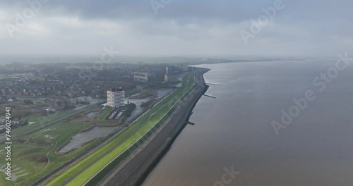 Coastal view of the Eems estuary near Delfzijl in Groningen. North part of The Netherlands. Aerial birds eye view. photo