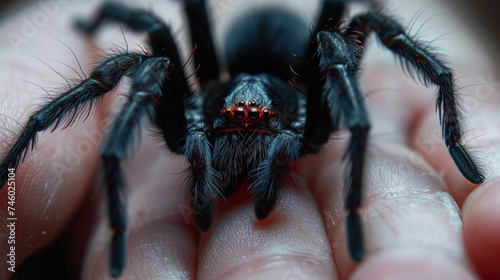 A close-up of a hairy black cute spider with red eyes, crawling on a human hand, poster