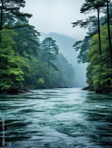 A river meanders through a dense forest filled with vibrant green foliage