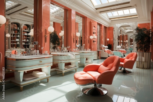 interior of beauty salon, visual style in pink colors , retro style. vintage aesthetics of the 60s