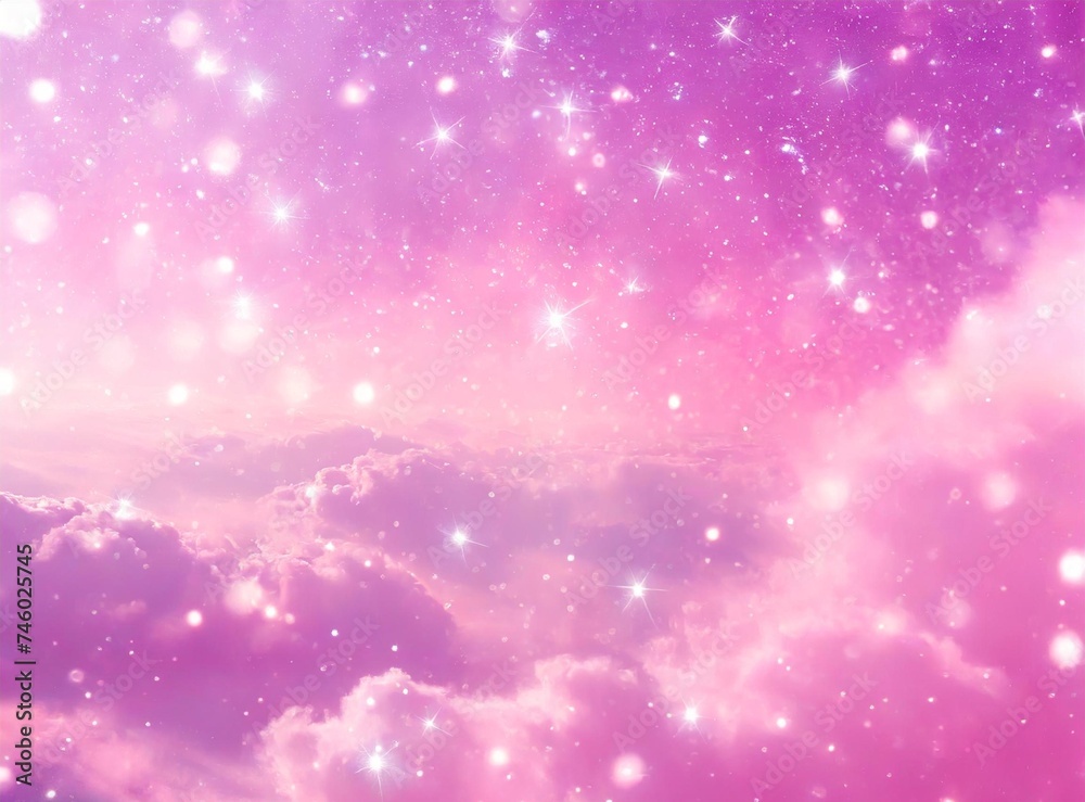 Magical pink clouds with stars background