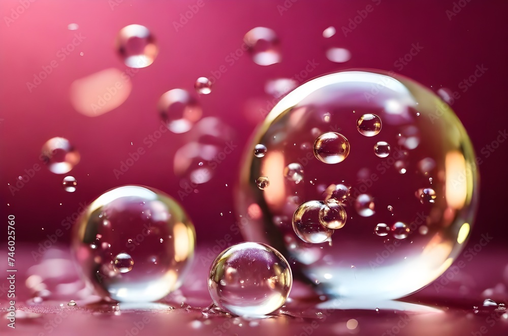 Closeup abstract, transparent soap bubbles floating in the pink background. Macro oxygen bubbles. Clear water spheres. Ecology concept. Closeup abstract, transparent soap bubbles floating in the pink background. Macro oxygen bubbles. Clear water spheres. Ecology concept.