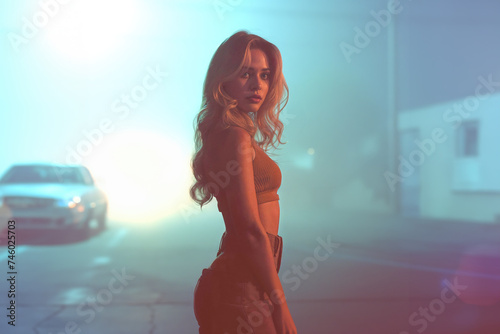 A beautiful woman stands confidently in the center of a fog-enshrouded street as dusk falls, with cars headlights and streetlights casting an ambient glow that illuminates the haze.