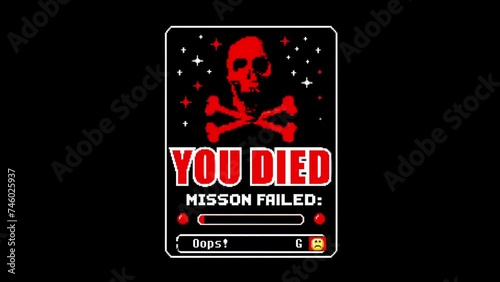 Game over screen. Words mission failure, you died, typography animation. Skull bones pixel retro style. 404 error warning message. Computer virus. Hacker attack cyber security.