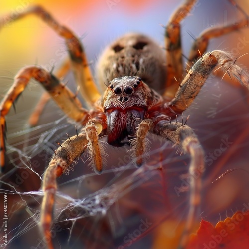 Close-up of a detailed spider, showcasing its eyes and hairy legs, set against a vibrant, blurred background.