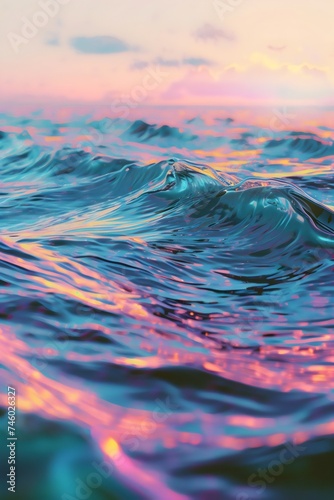 Close up de agua de mar al amanecer, las olas reflejan la luz solar. Paisaje marino