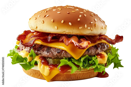an image of an oversized cheeseburger with bacon and lettuce, in the style of christcore, classic, traditional photo