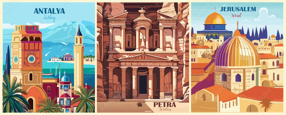 Set of Travel Destination Posters in retro style. Antalya, Turkey, Petra, Jordan, Jerusalem, Israel prints. Exotic summer vacation, international holidays. Vintage vector colorful illustrations.