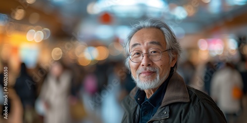 A senior Asian American man exudes timeless grace and confidence as he strikes a dynamic pose against the blurred backdrop of a modern, motion-blurred shopping mall filled with bustling shoppers.