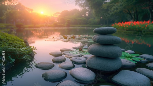 Path of circular stepping stones across a calm pond in a lush, serene zen garden at sunrise. Resplendent.