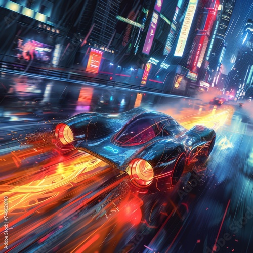 High-Speed Cyberpunk Car Chase in Neon-Lit City