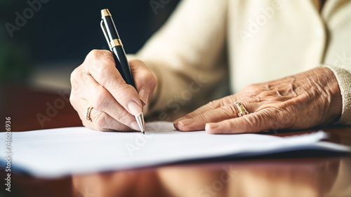 Elderly woman signing his last will and testament, hands close up of and old woman signing an agreement.

