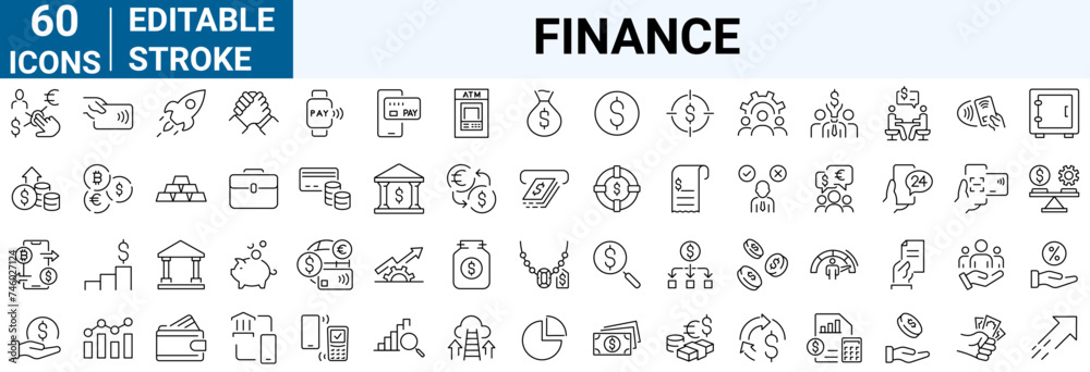 Finance line web icons Money and Coins. Cash, Credit Cards, Money Bag, Containing banking, Investment, income, accounting, money, loan. Editable stroke.