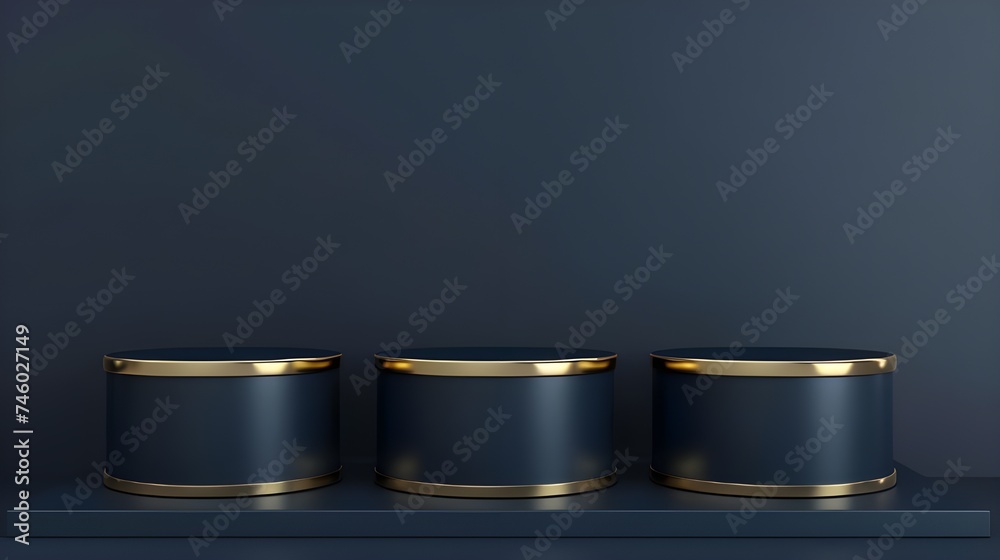 Three Empty Dark Blue Cylinder Podiums with Gold Borders – Modern Minimalist Presentation Stands for Luxury Showcase