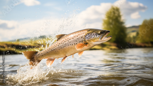 Fish trout jumping with splashing in water. Fishing concept. 