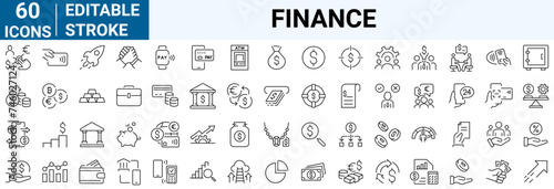 Finance line web icons Money and Coins. Cash, Credit Cards, Money Bag, Containing banking, Investment, income, accounting, money, loan. Editable stroke.