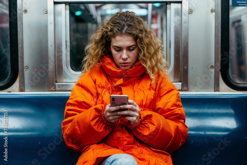 Young Woman Texting on Subway Train. Generative AI.