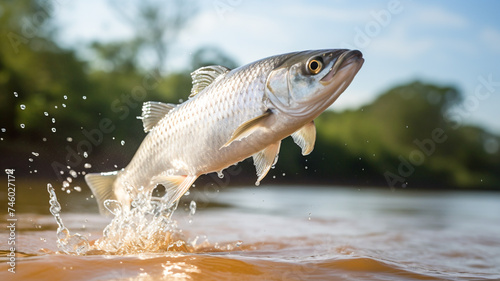 Fish jumping with splashing in water. Fishing concept. Fishing trophy. Background with selective focus.
