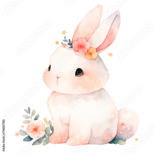 Watercolor hand-painted illustration of an cute small Easter bunny with small flowers. Isolated on a transparent background