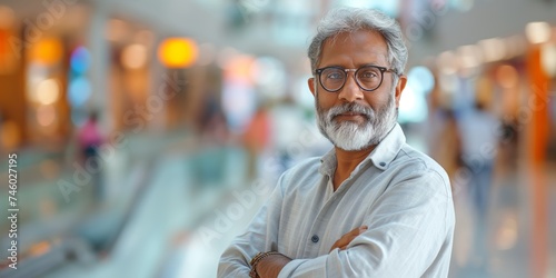 A mature Indian man exudes confidence and sophistication as he strikes a dynamic pose against the blurred backdrop of a modern, motion-blurred shopping mall filled with bustling shoppers.