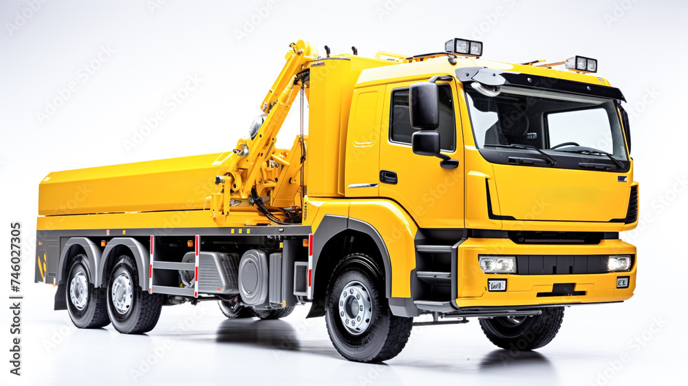 Yellow truck with crane isolated on white background.

