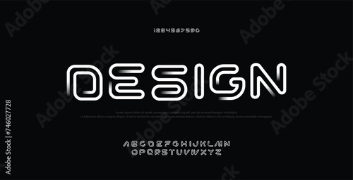 Futuristic display font design, alphabet, character set, typography, letters and numbers