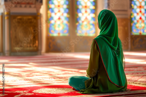Generative AI illustration of Ramadan Kareem anonymous Muslim woman with green clothes is praying in the mosque photo