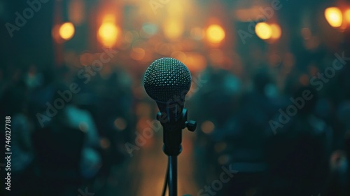 In a dimly lit auditorium, a solitary microphone on a stand is illuminated by a spotlight