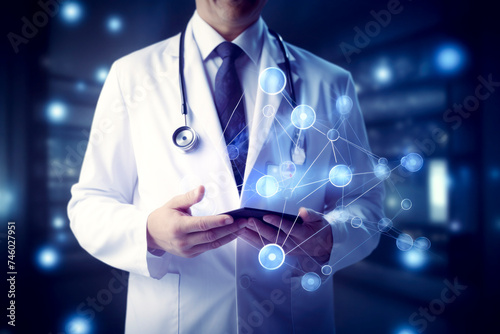 Generative AI illustration of anonymous medicine doctor with stethoscope touching medical icon network connection and modern interface on digital tablet on hospital background
