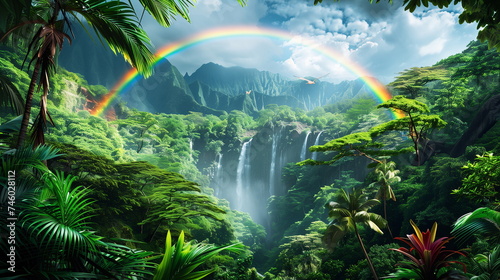 A tropical paradise with lush greenery  a waterfall  and a rainbow  representing serenity and natural beauty