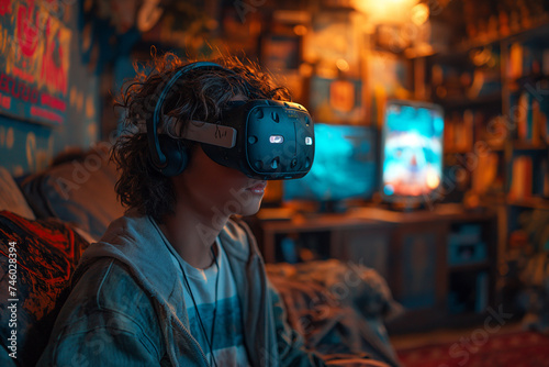 Young friendsEngaging in Virtual Reality Exploration in His Living Room, Surrounded by Screens and Controllers, Lost in a Digital Oasis