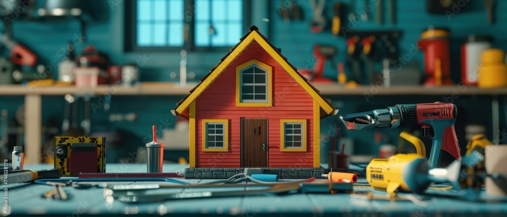 home repair tools with red house