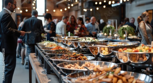a large buffet for an event with people