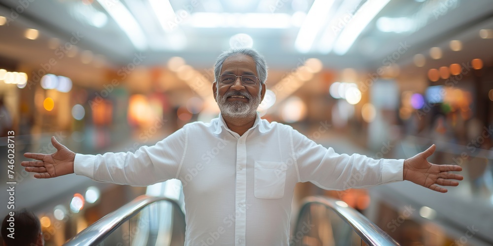 A senior Indian man exudes timeless wisdom and confidence as he strikes a dynamic pose against the blurred backdrop of a modern, motion-blurred shopping mall filled with bustling shoppers. - obrazy, fototapety, plakaty 