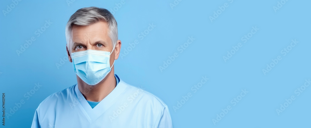 Portrait of gray-haired middle-aged male doctor wearing mask and medical clothing on blue background. Concept of practicing doctor, surgeon, therapist, dentist. Medicine, health, healthcare Portrait of gray-haired middle-aged male doctor wearing mask and medical clothing on blue background. Concept of practicing doctor, surgeon, therapist, dentist. Medicine, health, healthcare