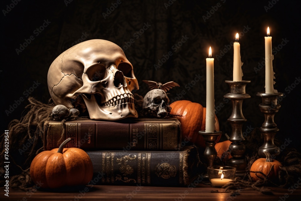 a skull and pumpkins on a table a skull and pumpkins on a table