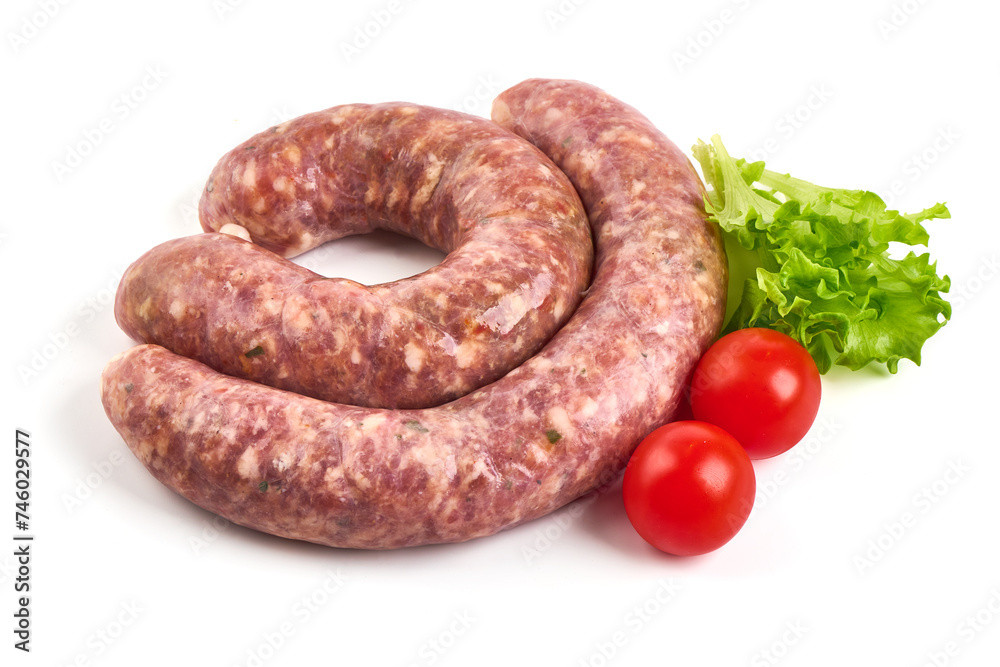 Italian sausages, Raw Salsiccia Sausages, isolated on a white background Italian sausages, Raw Salsiccia Sausages, isolated on a white background
