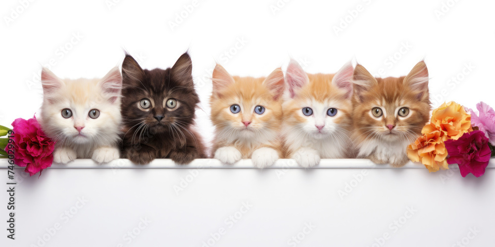 A row of cats peeks out behind a blank white banner decorated with spring flowers.