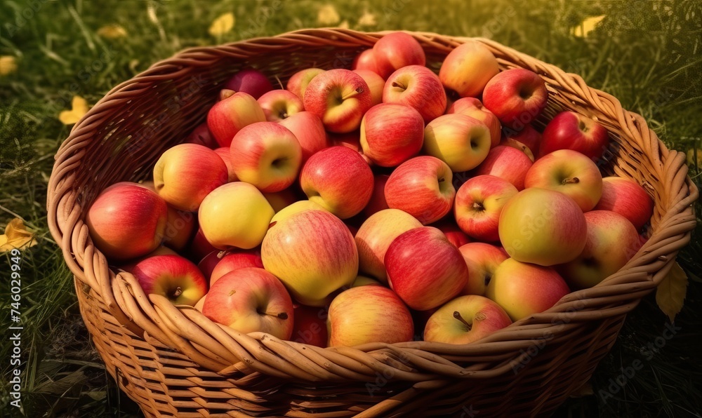 Ripe Summer Apples in Large Wicker Basket