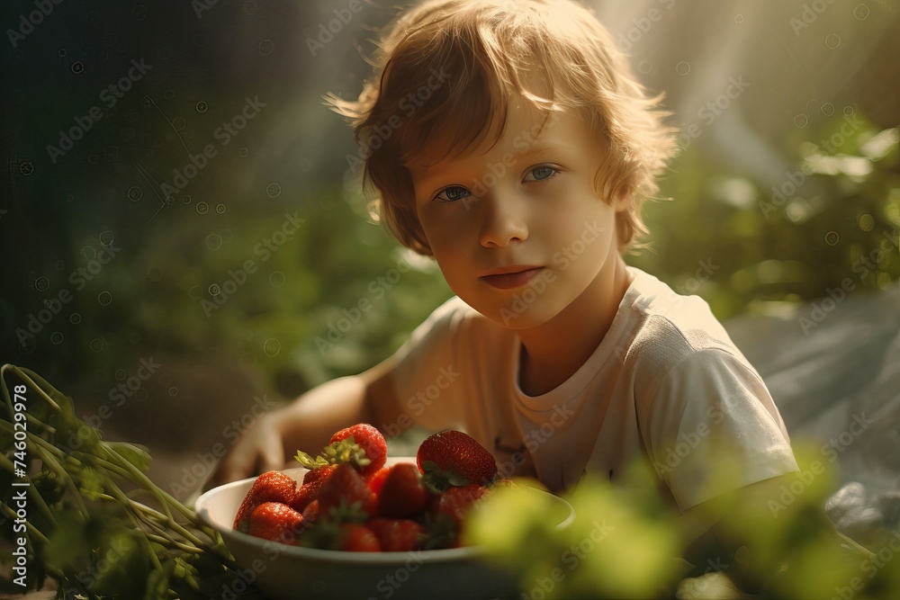 Boy with Strawberries in Garden Boy with Strawberries in Garden