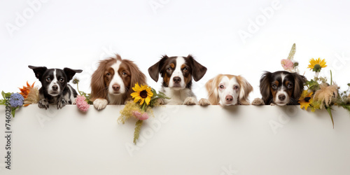 A row of dogs peeks out behind a blank  white banner decorated with spring flowers. © OleksandrZastrozhnov