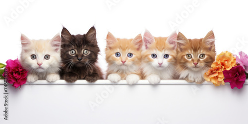 A row of cats peeks out behind a blank white banner decorated with spring flowers.