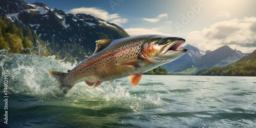 A large salmon fish jumps out of the water. Fishing store advertising banner layout.