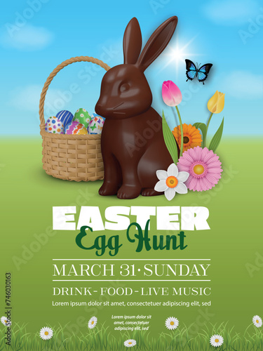 easter poster with chocolate rabbit, colorful eggs in a wicker basket and flowers. easter egg hunt flyer