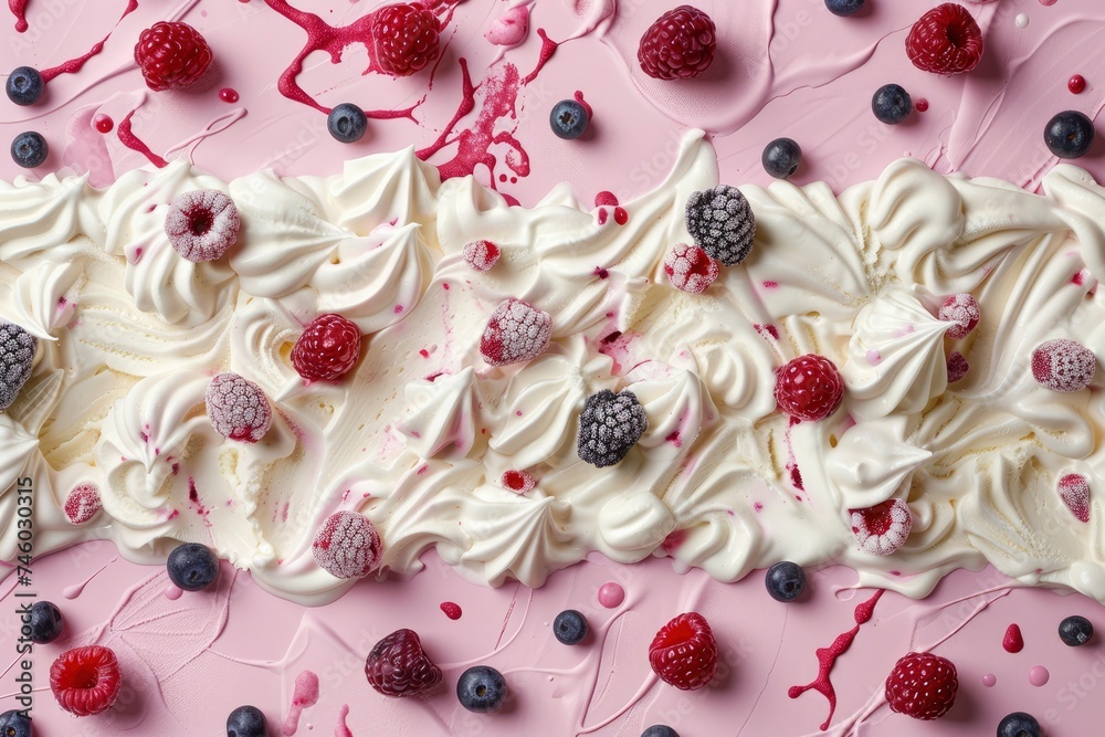 Texture of berry creamy ice cream with summer berries top view. Delicious ice cream, background Texture of berry creamy ice cream with summer berries top view. Delicious ice cream, background