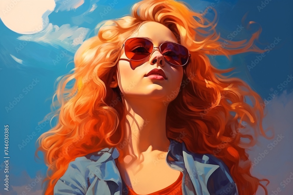 a woman with red hair wearing sunglasses a woman with red hair wearing sunglasses