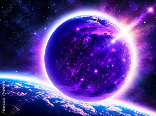 Planet image  unreal galaxy image purple background with space for design